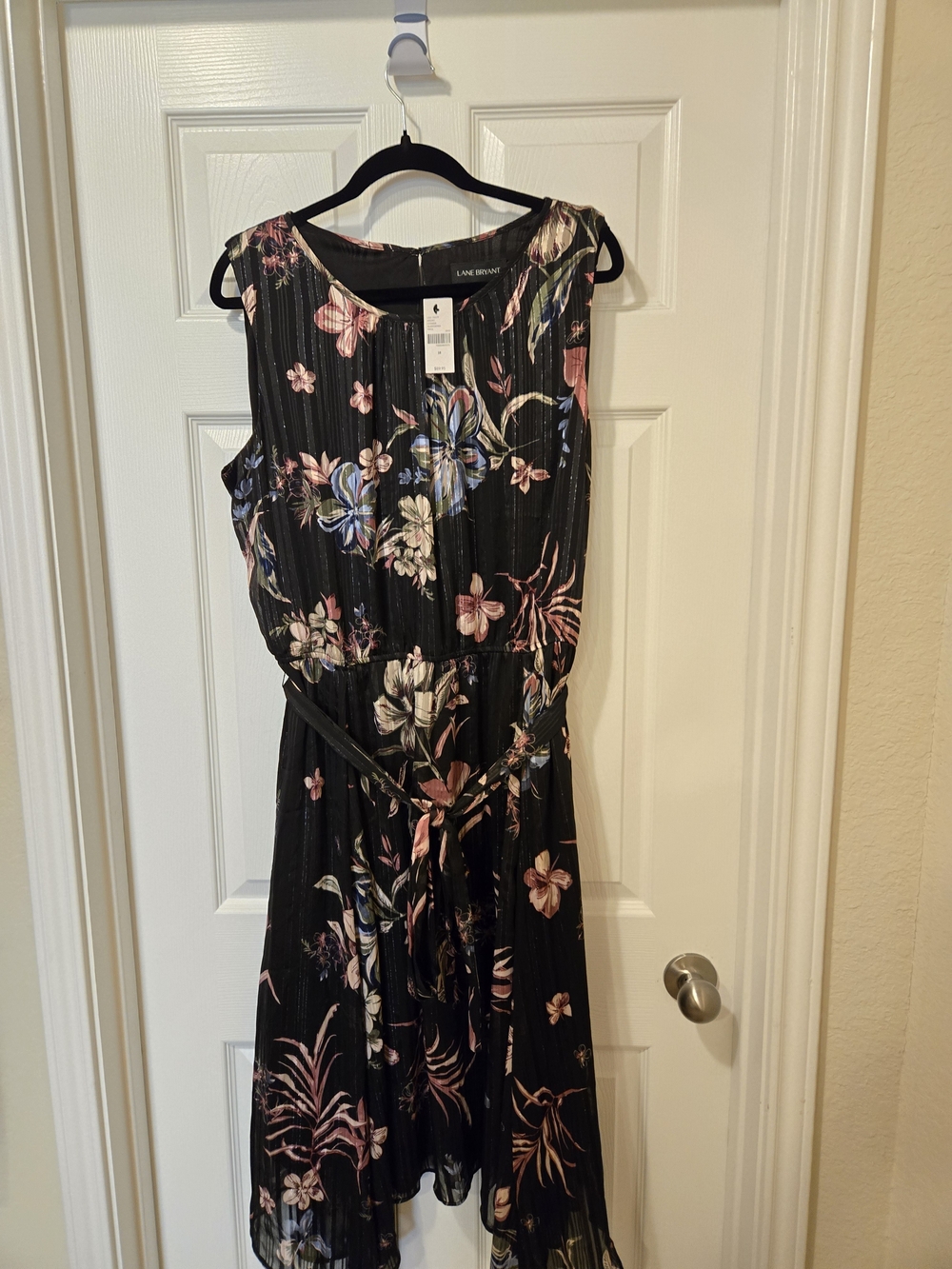 Lane Bryant Black Floral Pleated Midi Dress with Tie Waist